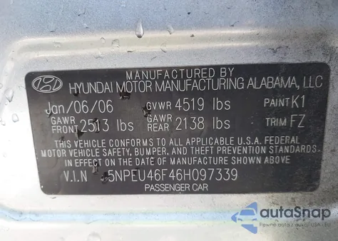 2006 Hyundai Sonata Gls V6/Lx V6 z USA, uszkodzony, nr VIN 5NPEU46F46H097339